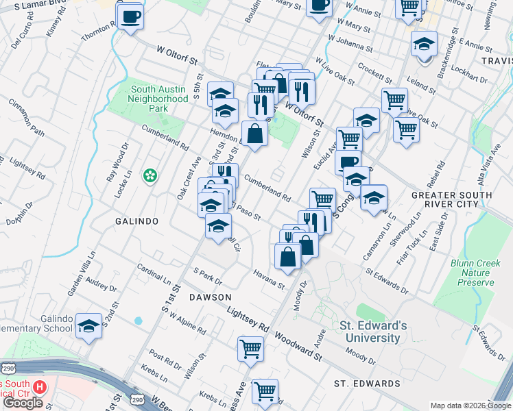 map of restaurants, bars, coffee shops, grocery stores, and more near La Mesa Drive in Austin