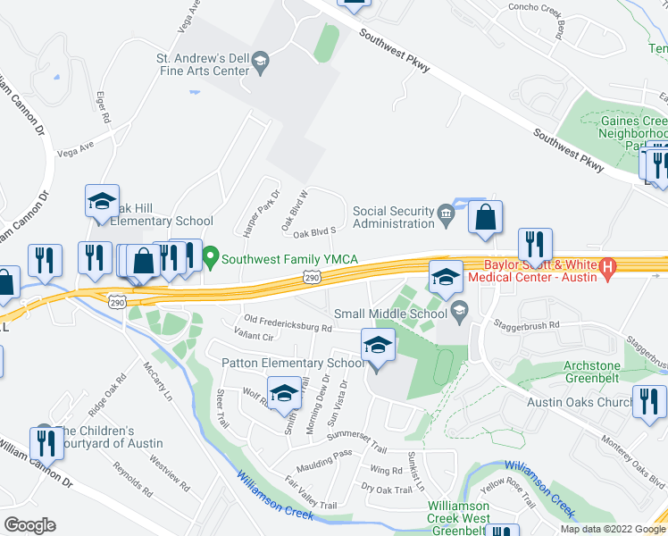 map of restaurants, bars, coffee shops, grocery stores, and more near 5714 West US Highway 290 Service Road in Austin