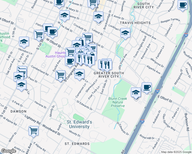 map of restaurants, bars, coffee shops, grocery stores, and more near 517 East Oltorf Street in Austin