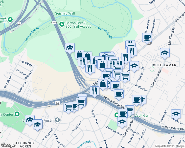 map of restaurants, bars, coffee shops, grocery stores, and more near 4040 South Lamar Boulevard in Austin