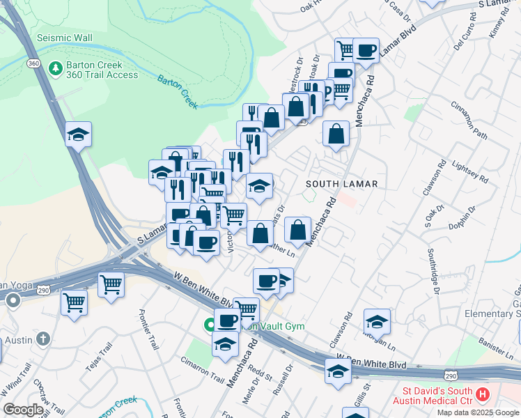 map of restaurants, bars, coffee shops, grocery stores, and more near 2206 Prather Lane in Austin