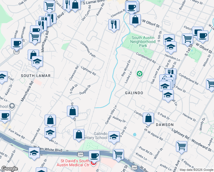 map of restaurants, bars, coffee shops, grocery stores, and more near 3111 Corbin Lane in Austin