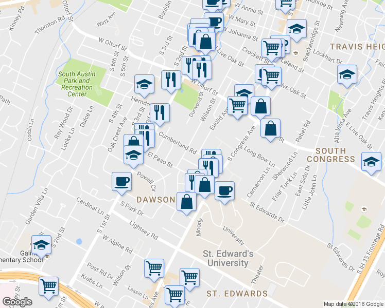 map of restaurants, bars, coffee shops, grocery stores, and more near 303 Cumberland Rd in Austin