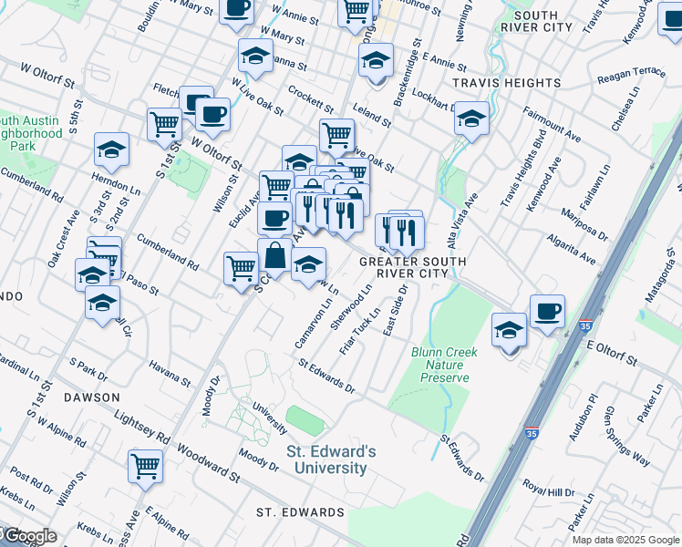 map of restaurants, bars, coffee shops, grocery stores, and more near 2415 South Congress Avenue in Austin