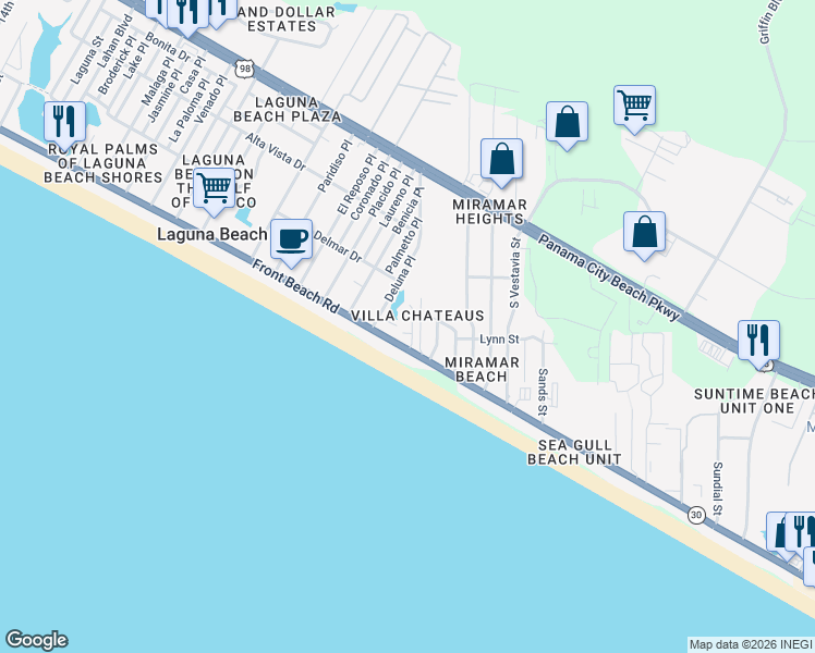 map of restaurants, bars, coffee shops, grocery stores, and more near 110 Deluna Place in Panama City Beach
