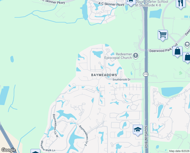map of restaurants, bars, coffee shops, grocery stores, and more near 7559 Sugar Bay Lane in Jacksonville