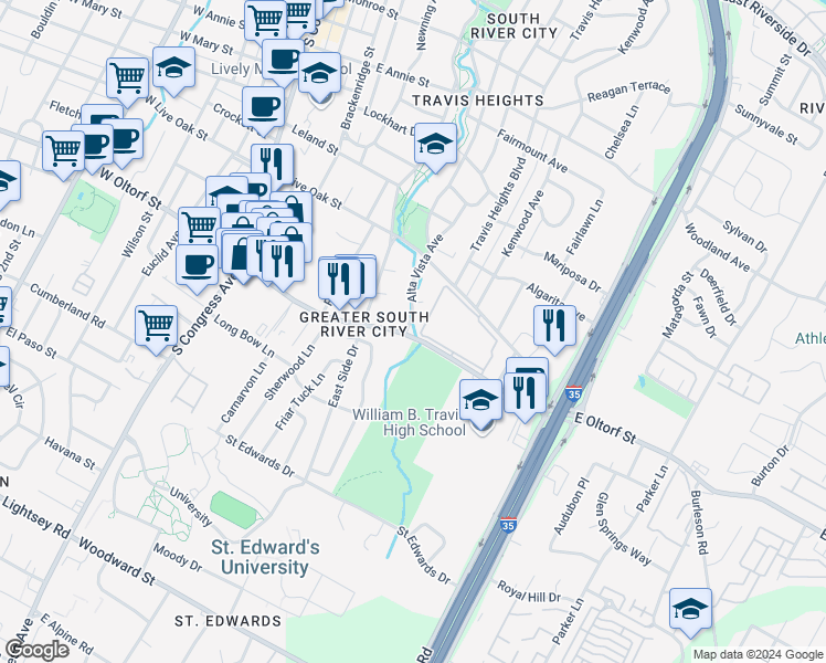 map of restaurants, bars, coffee shops, grocery stores, and more near 2304 Alta Vista Avenue in Austin