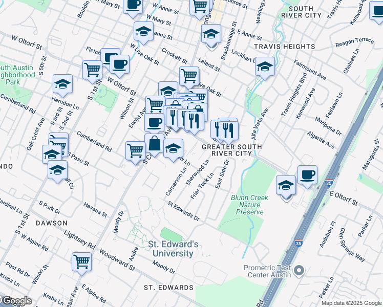 map of restaurants, bars, coffee shops, grocery stores, and more near 2415 South Congress Avenue in Austin