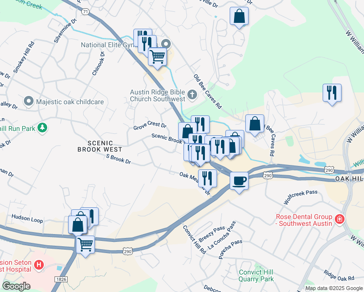 map of restaurants, bars, coffee shops, grocery stores, and more near 6916 Scenic Brook Drive in Austin
