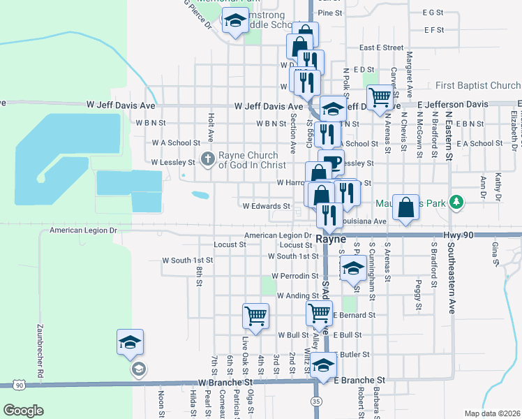 map of restaurants, bars, coffee shops, grocery stores, and more near 401-499 Haley Alley in Rayne