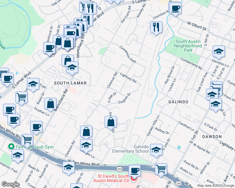 map of restaurants, bars, coffee shops, grocery stores, and more near 1605 Valleyridge Drive in Austin
