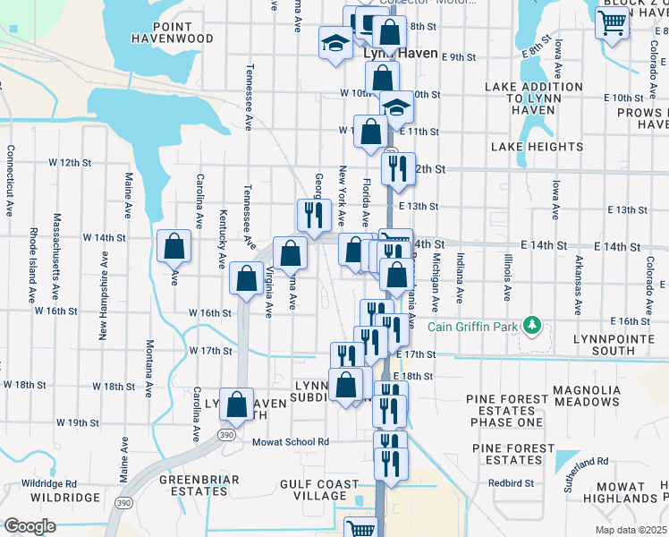 map of restaurants, bars, coffee shops, grocery stores, and more near 1416 New York Avenue in Lynn Haven