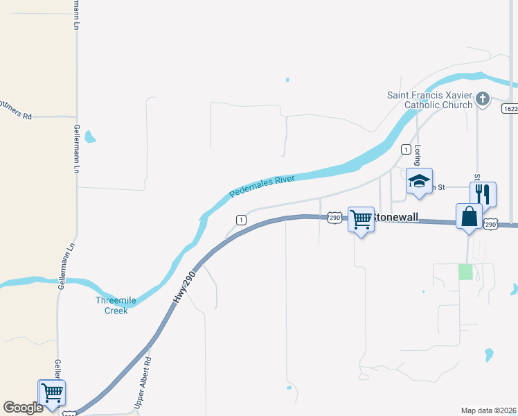 map of restaurants, bars, coffee shops, grocery stores, and more near 181 Ranch Road 1 in Stonewall