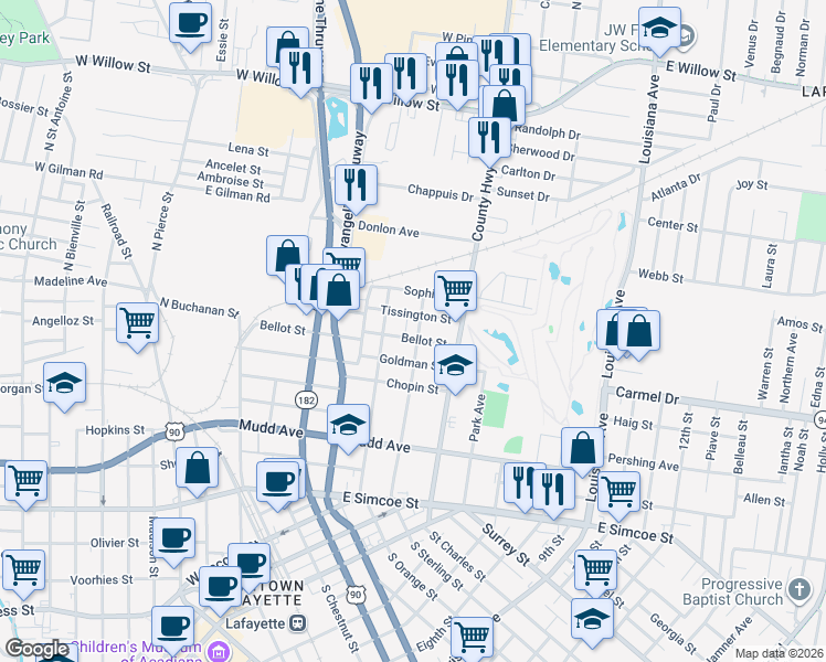 map of restaurants, bars, coffee shops, grocery stores, and more near 314 Tissington Street in Lafayette
