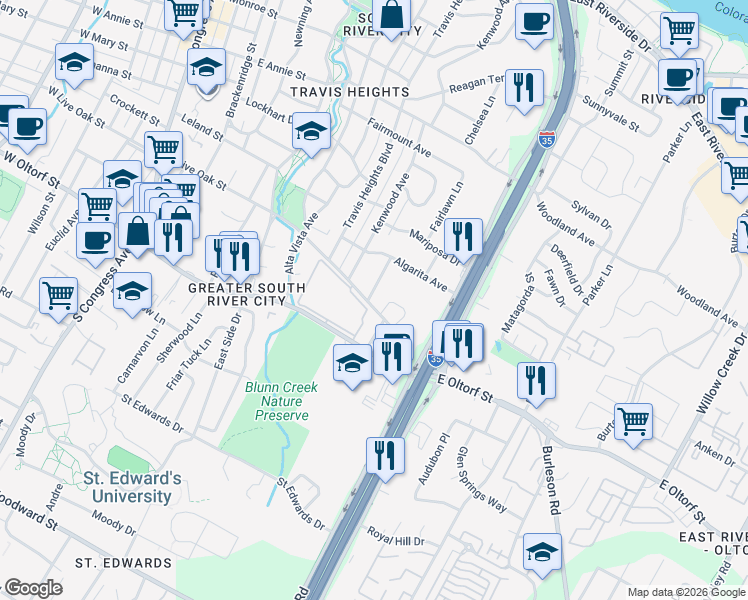 map of restaurants, bars, coffee shops, grocery stores, and more near 2125 Glendale Place in Austin