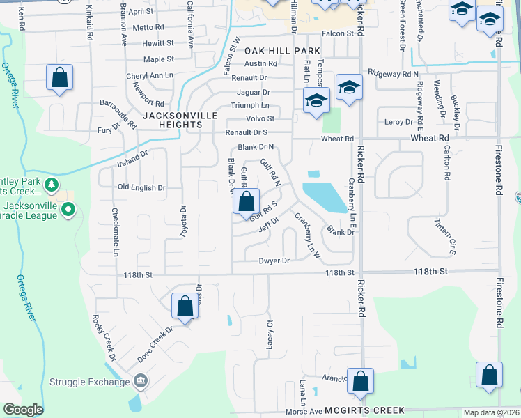 map of restaurants, bars, coffee shops, grocery stores, and more near 7917 Gulf Road South in Jacksonville