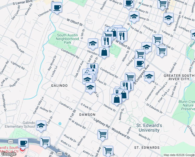 map of restaurants, bars, coffee shops, grocery stores, and more near 510 El Paso Street in Austin
