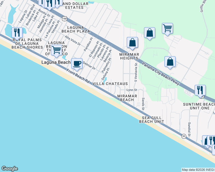 map of restaurants, bars, coffee shops, grocery stores, and more near 110 Deluna Place in Panama City Beach