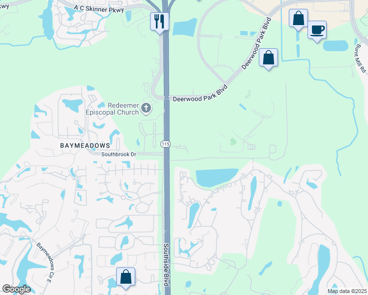 map of restaurants, bars, coffee shops, grocery stores, and more near 7851 Southside Boulevard in Jacksonville