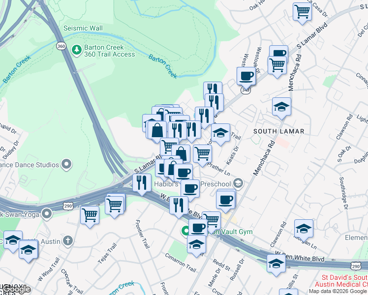 map of restaurants, bars, coffee shops, grocery stores, and more near 3949 South Lamar Boulevard in Austin