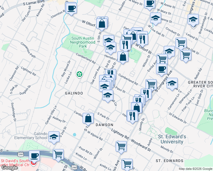 map of restaurants, bars, coffee shops, grocery stores, and more near 2900 South 1st Street in Austin