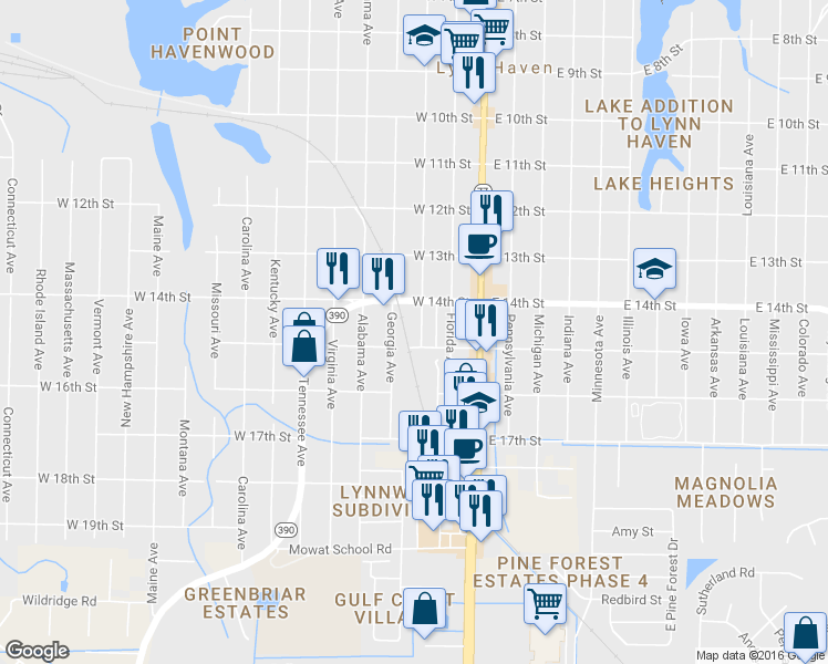 map of restaurants, bars, coffee shops, grocery stores, and more near 1410 New York Avenue in Lynn Haven