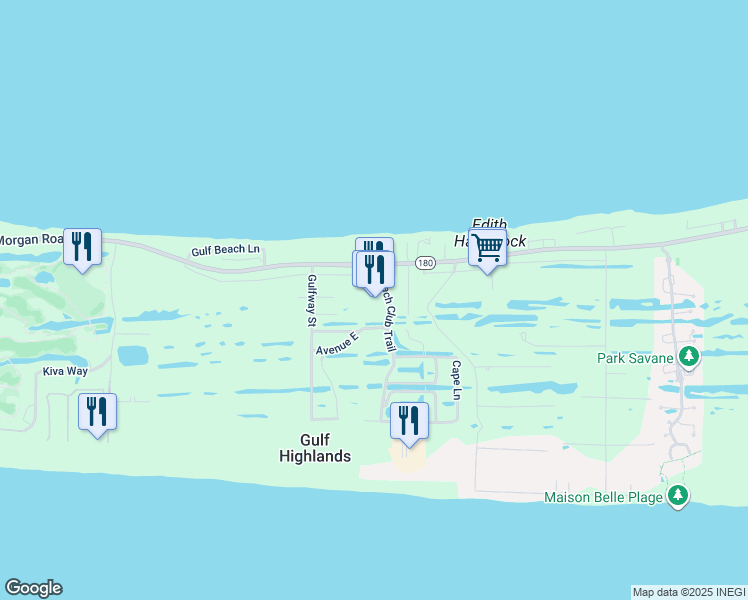 map of restaurants, bars, coffee shops, grocery stores, and more near Gulf Way in Gulf Shores