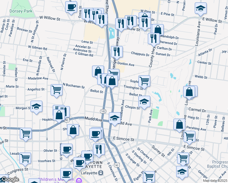 map of restaurants, bars, coffee shops, grocery stores, and more near 1019 Northwest Evangeline Throughway in Lafayette