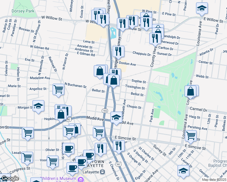 map of restaurants, bars, coffee shops, grocery stores, and more near 1019 Northwest Evangeline Throughway in Lafayette