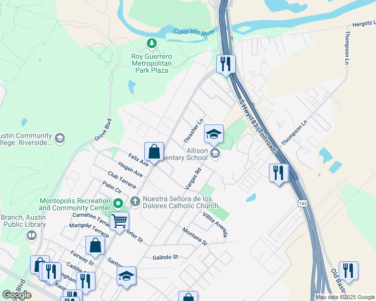 map of restaurants, bars, coffee shops, grocery stores, and more near 613A Thrasher Lane in Austin