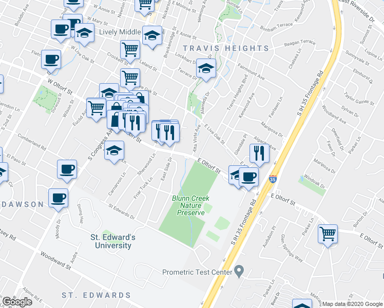 map of restaurants, bars, coffee shops, grocery stores, and more near 2304 Alta Vista Avenue in Austin