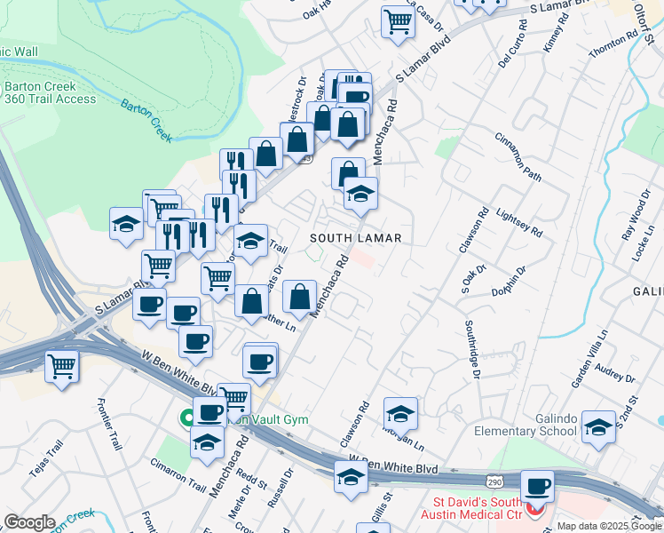 map of restaurants, bars, coffee shops, grocery stores, and more near 3628 Menchaca Road in Austin