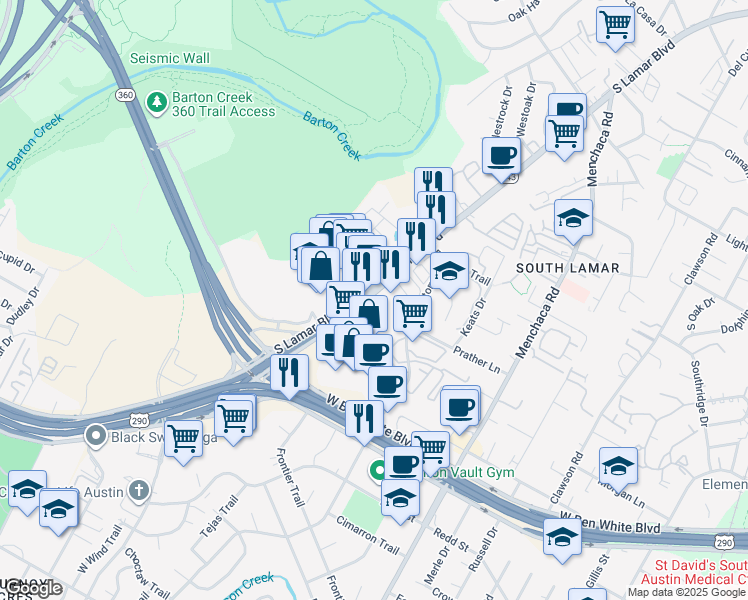 map of restaurants, bars, coffee shops, grocery stores, and more near 3909 South Lamar Boulevard in Austin