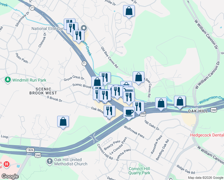 map of restaurants, bars, coffee shops, grocery stores, and more near 7208 State Highway 45 in Austin