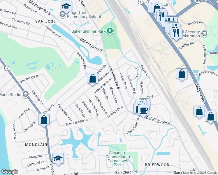 map of restaurants, bars, coffee shops, grocery stores, and more near 7819 Mendoza Drive in Jacksonville