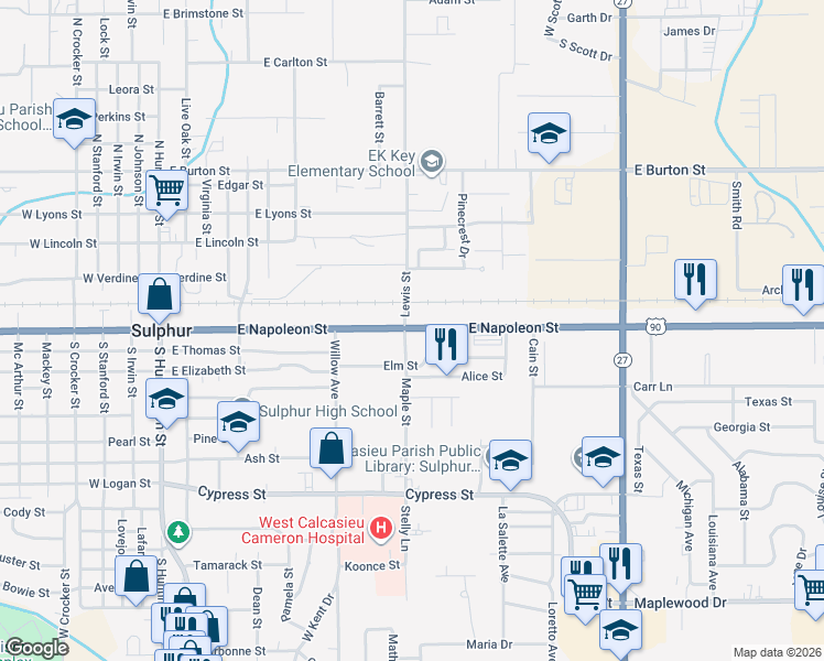 map of restaurants, bars, coffee shops, grocery stores, and more near 902 East Napoleon Street in Sulphur