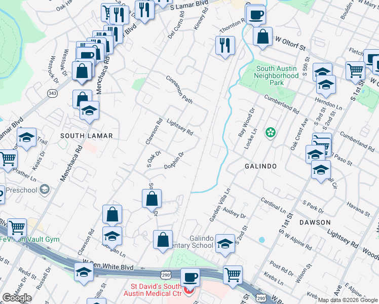 map of restaurants, bars, coffee shops, grocery stores, and more near 3202 Dolphin Drive in Austin