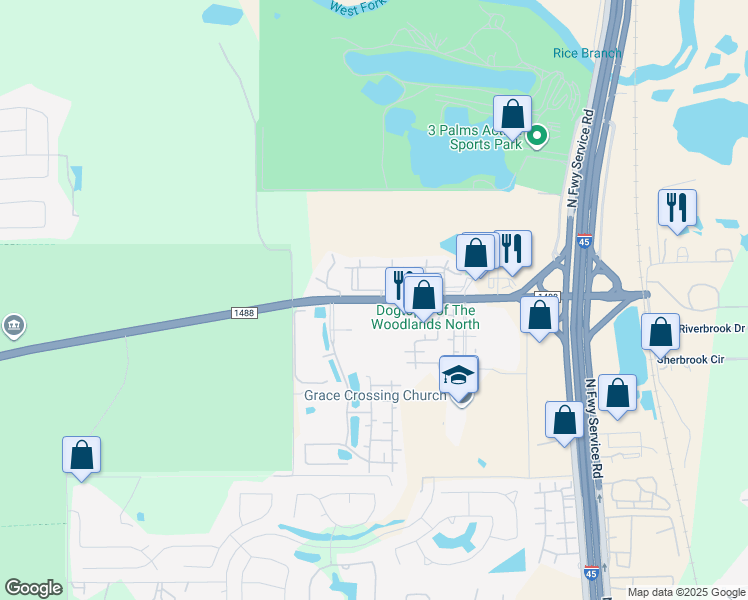 map of restaurants, bars, coffee shops, grocery stores, and more near 546 Farm to Market Road 1488 in Magnolia