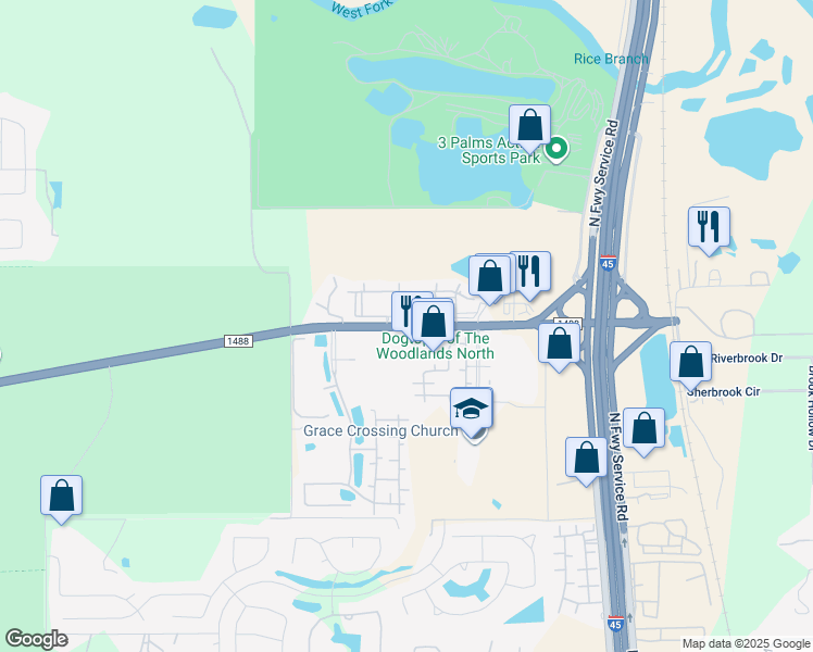 map of restaurants, bars, coffee shops, grocery stores, and more near 371 Farm to Market Road 1488 in Conroe