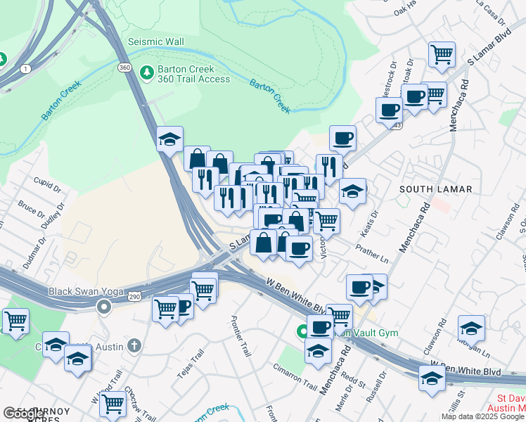 map of restaurants, bars, coffee shops, grocery stores, and more near 4032 South Lamar Boulevard in Austin