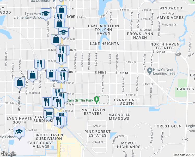 map of restaurants, bars, coffee shops, grocery stores, and more near 1411 Illinois Avenue in Lynn Haven