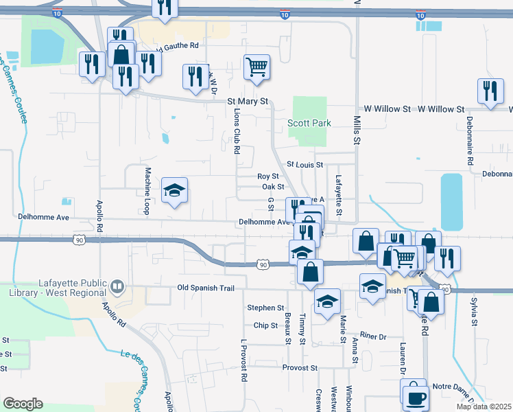 map of restaurants, bars, coffee shops, grocery stores, and more near 800 Doc Prejean Street in Scott