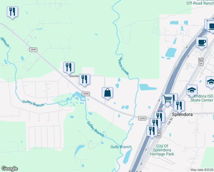 map of restaurants, bars, coffee shops, grocery stores, and more near 25351 Goodson Road in Splendora