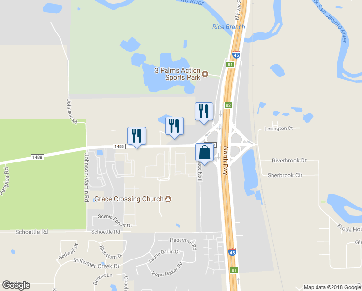 map of restaurants, bars, coffee shops, grocery stores, and more near 466 Farm to Market 1488 Road in Conroe