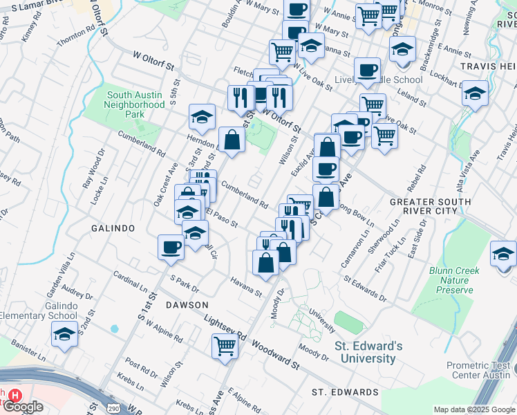 map of restaurants, bars, coffee shops, grocery stores, and more near 483 Cumberland Road in Austin