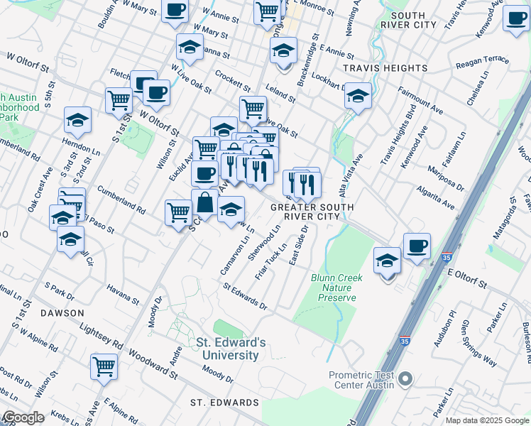 map of restaurants, bars, coffee shops, grocery stores, and more near 501 East Oltorf Street in Austin