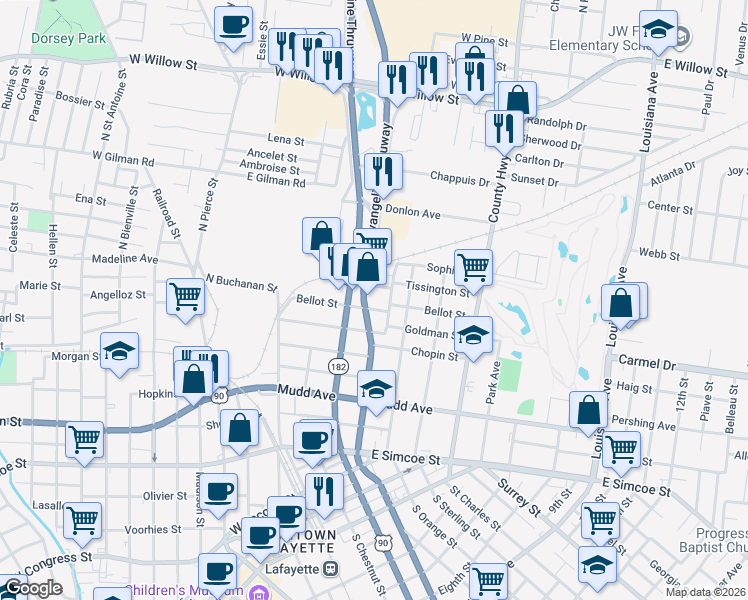 map of restaurants, bars, coffee shops, grocery stores, and more near 1019 Northwest Evangeline Throughway in Lafayette