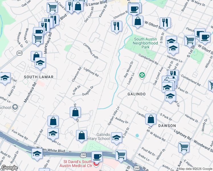 map of restaurants, bars, coffee shops, grocery stores, and more near 3106 Corbin Lane in Austin
