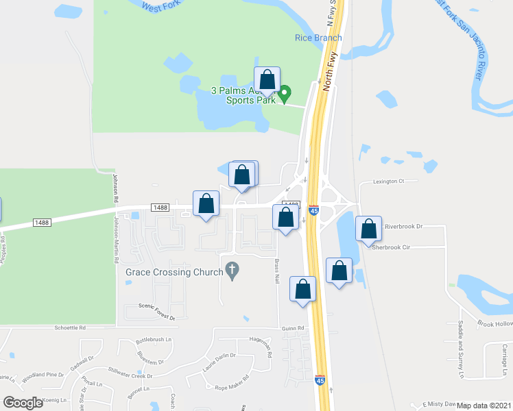 map of restaurants, bars, coffee shops, grocery stores, and more near 320 Farm to Market 1488 Road in Conroe