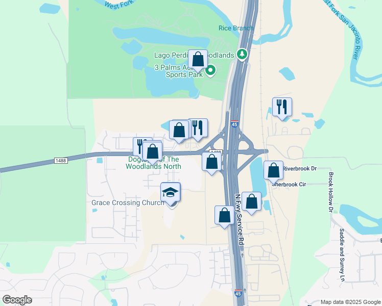 map of restaurants, bars, coffee shops, grocery stores, and more near 264 Farm to Market 1488 Road in Conroe